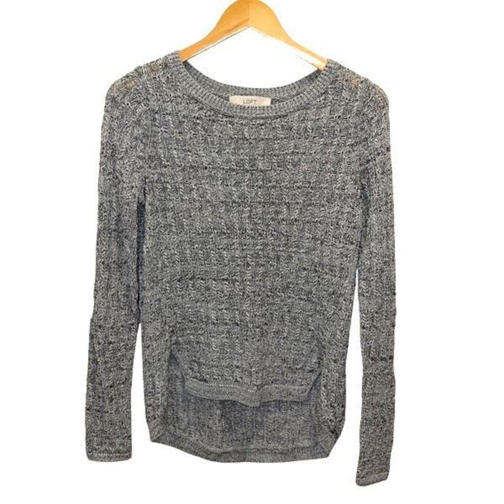 Loft Womens Crew Neck Open Knit Long Sleeve High Low Sweater Gray Size XS